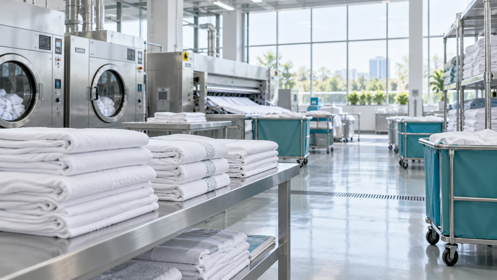 Fasilitas laundry medis dengan linen bersih dan aksen teal